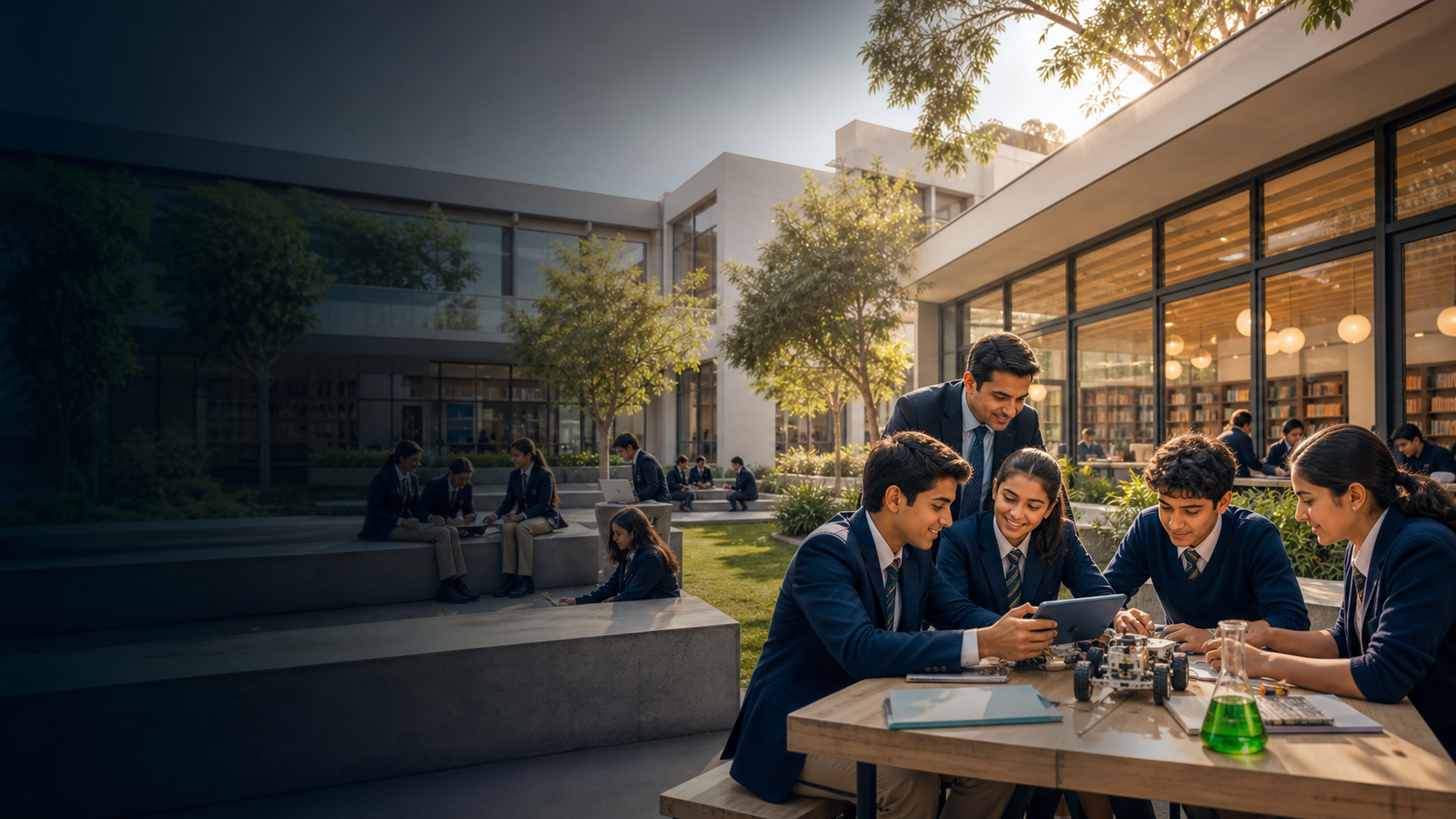 Students collaborating in a modern campus learning space